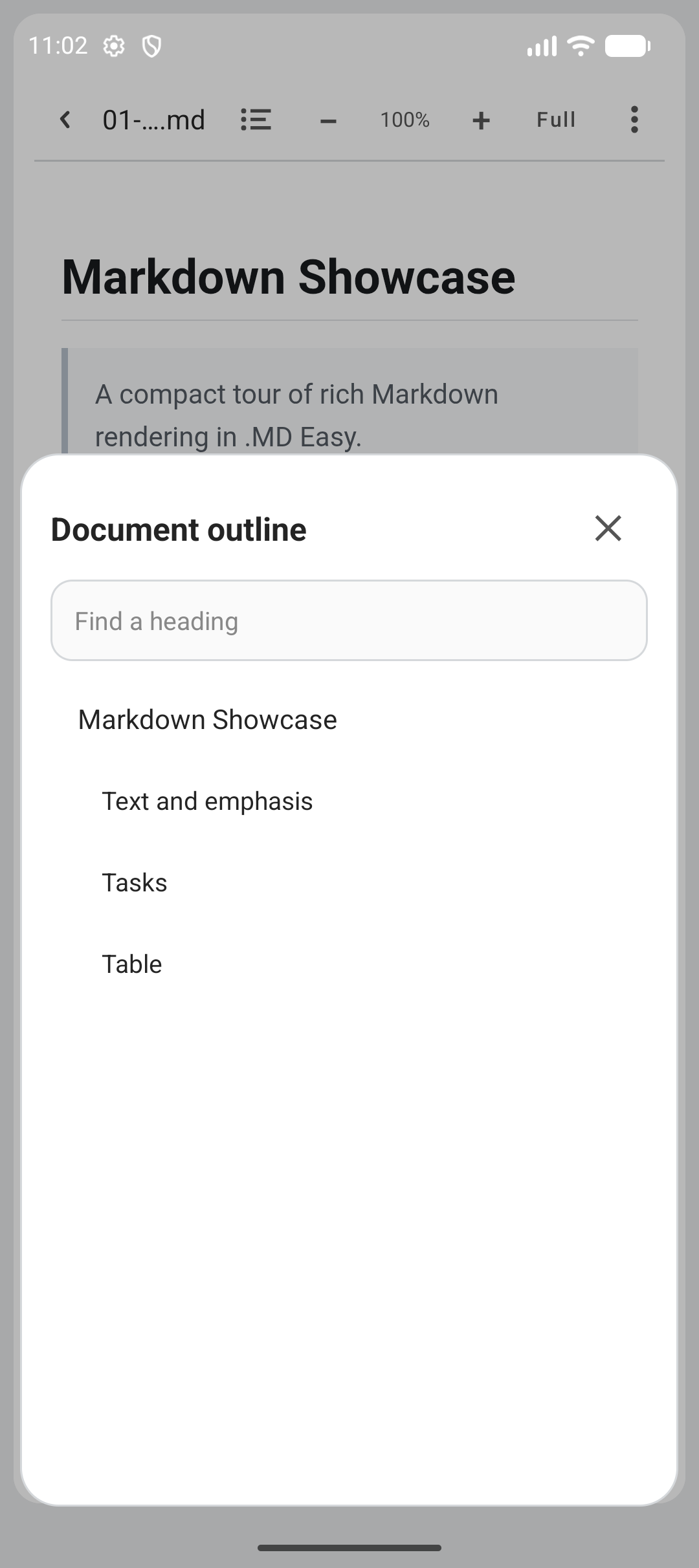 Searchable document outline